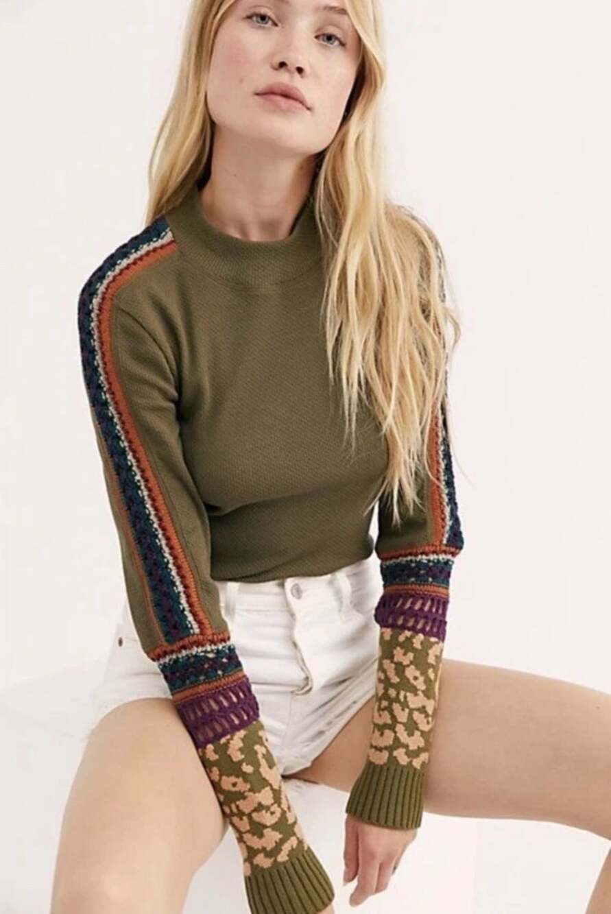 Free People Switch It Up Thermal Top Size XS Green Leopard